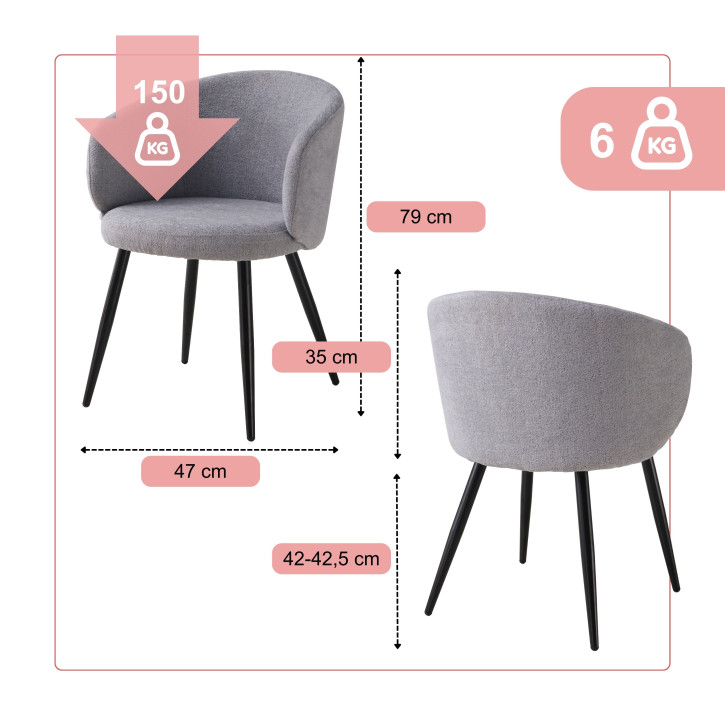 BHS LIVING Esszimmerstuhl, Küchenstuhl, Stuhl für den Wartebereich AURORA Polstersessel mit Armlehnen Stoff: grau 55x58x77 cm